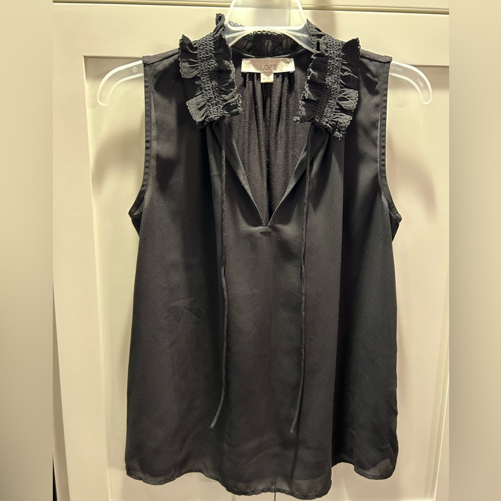 LOFT Black ruffle tie collar mixed media top
